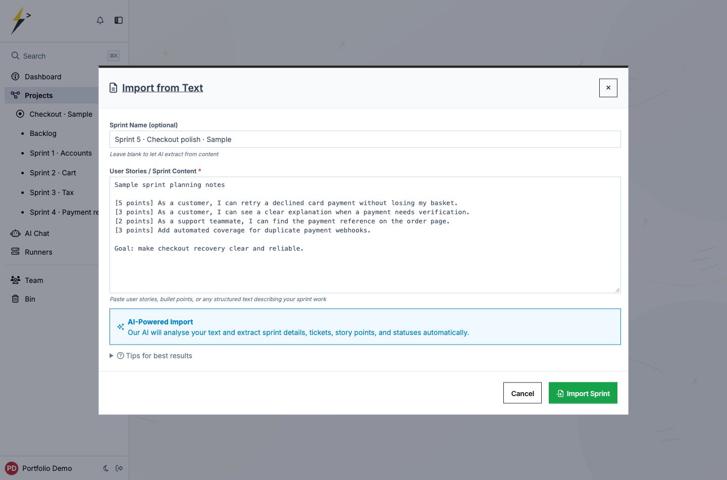 SprintFlint AI import form with unsent sample planning notes