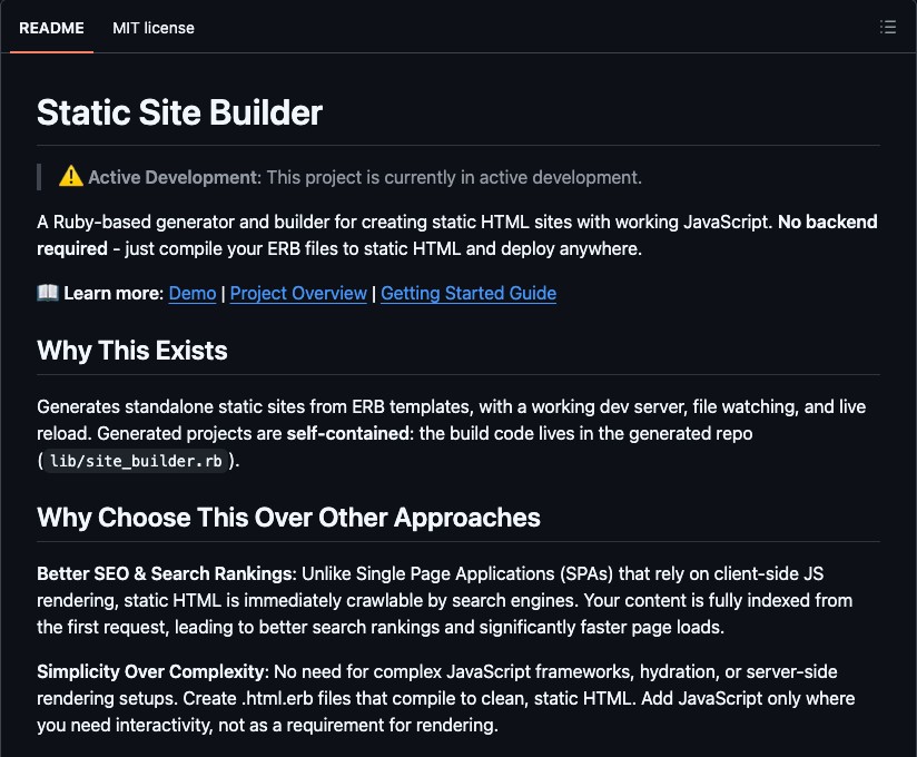 The Static Site Builder README on GitHub