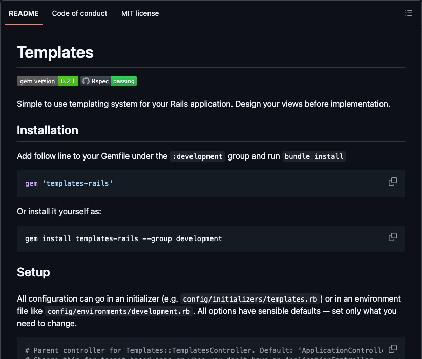 The Templates Rails README on GitHub